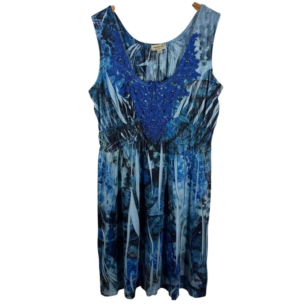 One World Dress Women S Blue Short Tank Floral Embroidery‎ Bling Boho Y2K VTG